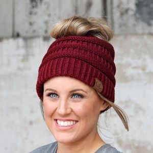 Burgundy CC Messy Bun Beanie